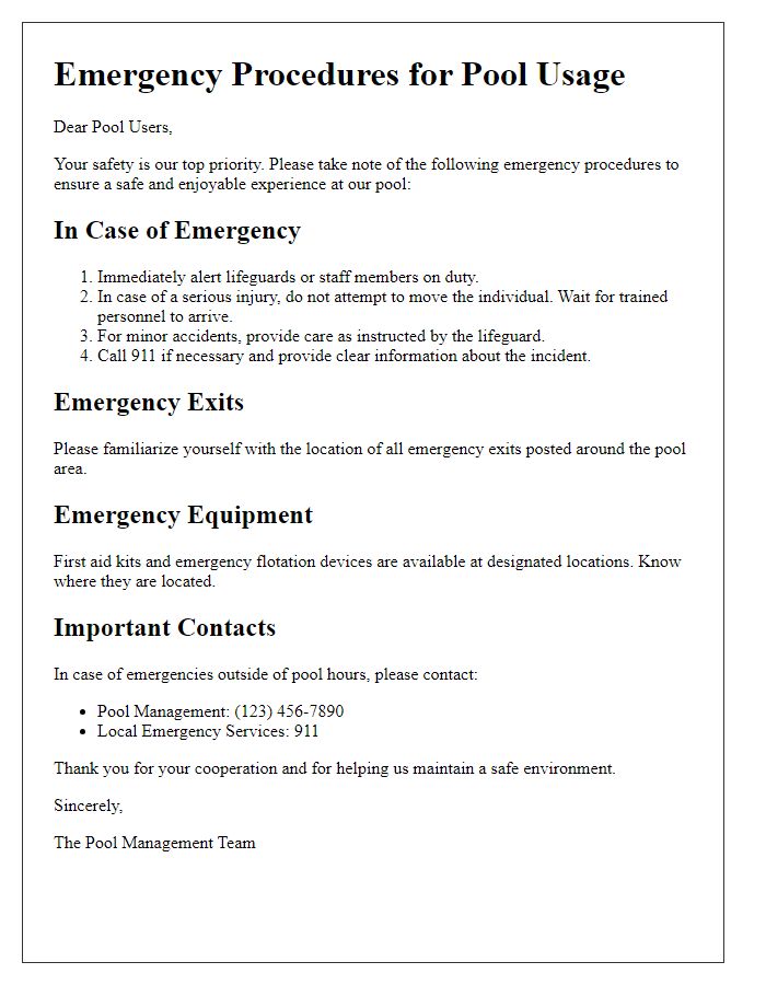 Letter template of emergency procedures for pool usage.