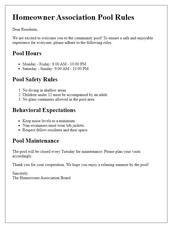 Letter template of homeowner association pool rules.