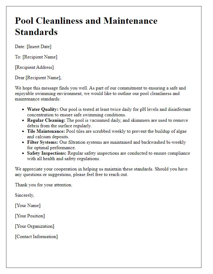 Letter template of pool cleanliness and maintenance standards.