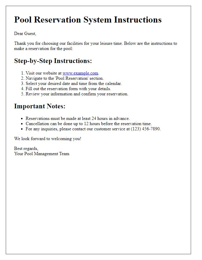 Letter template of pool reservation system instructions.