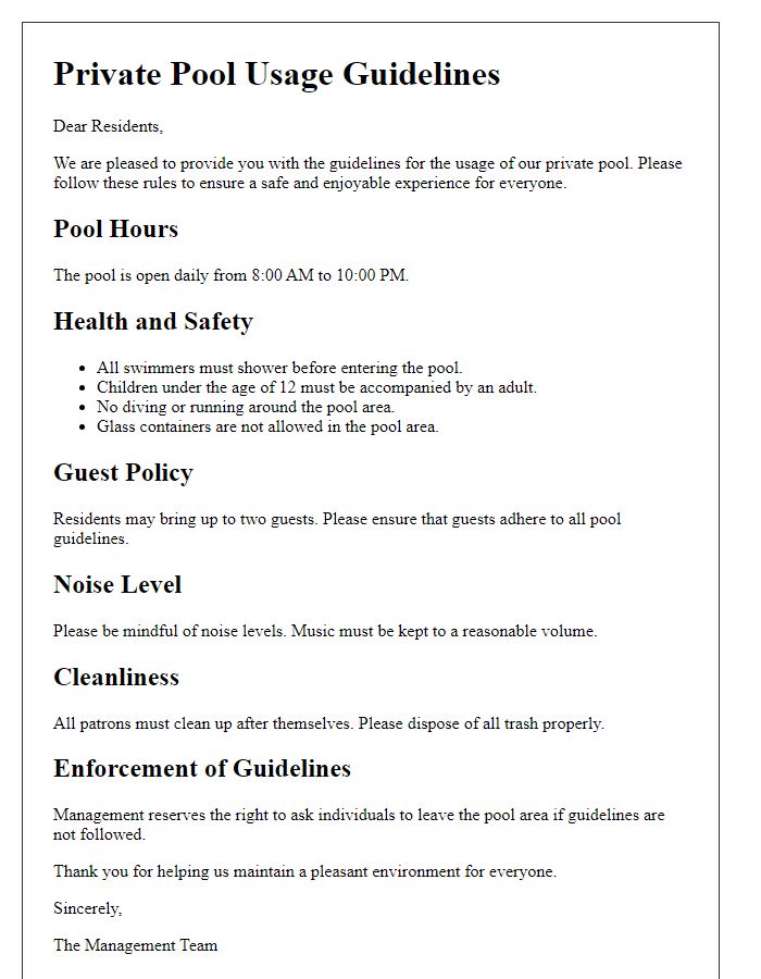 Letter template of private pool usage guidelines.