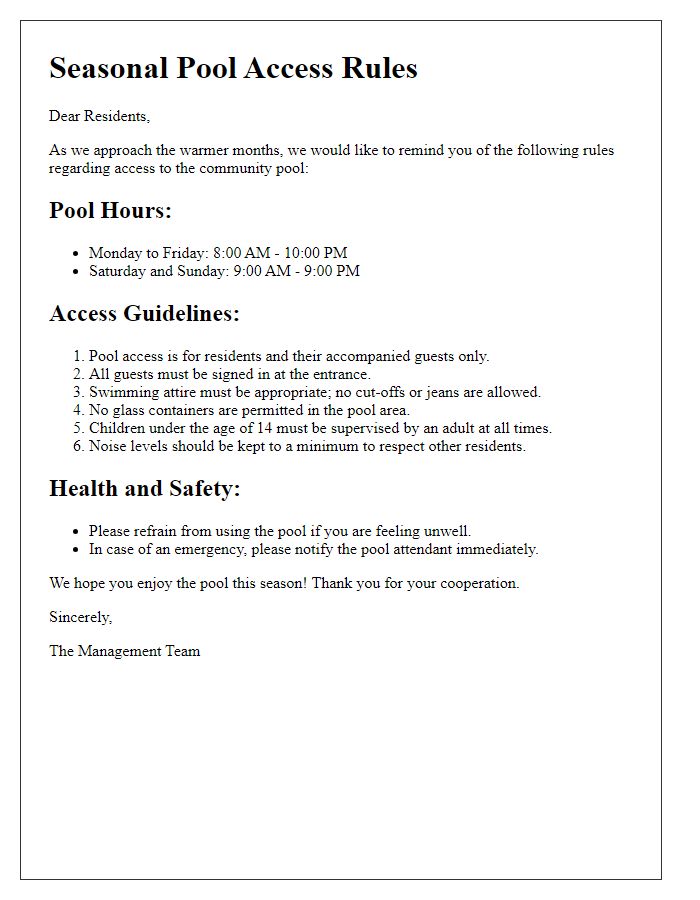 Letter template of seasonal pool access rules.