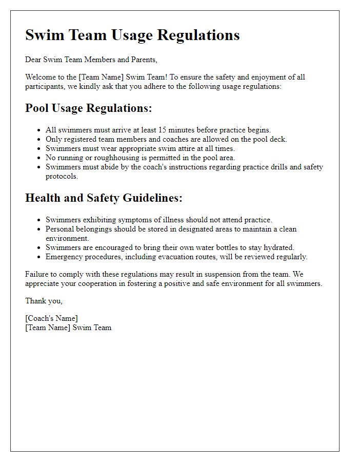 Letter template of swim team usage regulations.