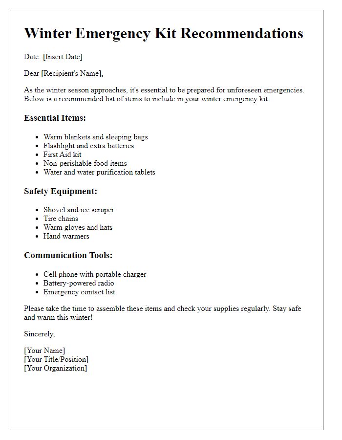 Letter template of winter emergency kit recommendations.