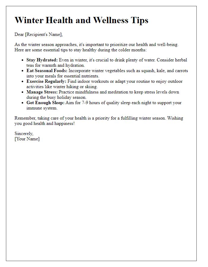 Letter template of winter health and wellness advice.