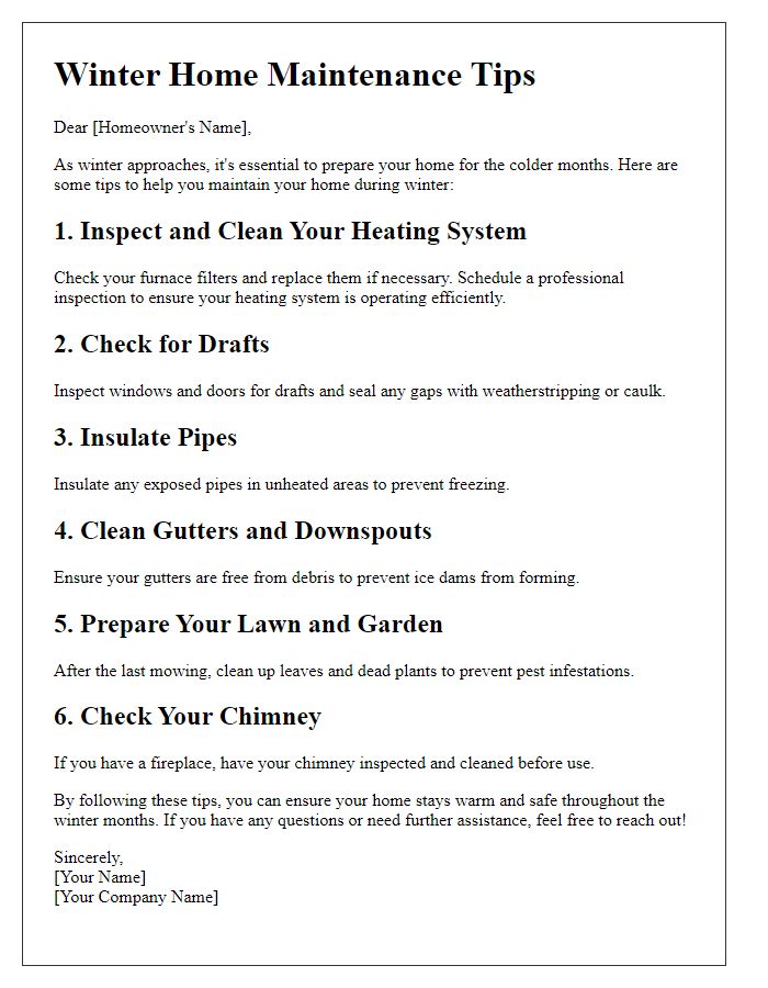 Letter template of winter home maintenance tips.