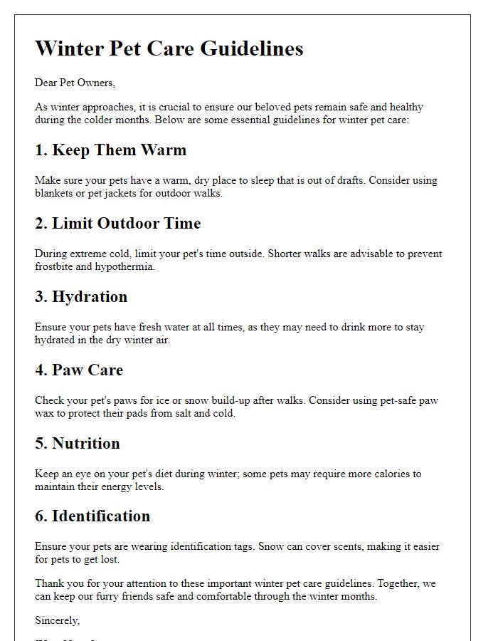 Letter template of winter pet care guidelines.