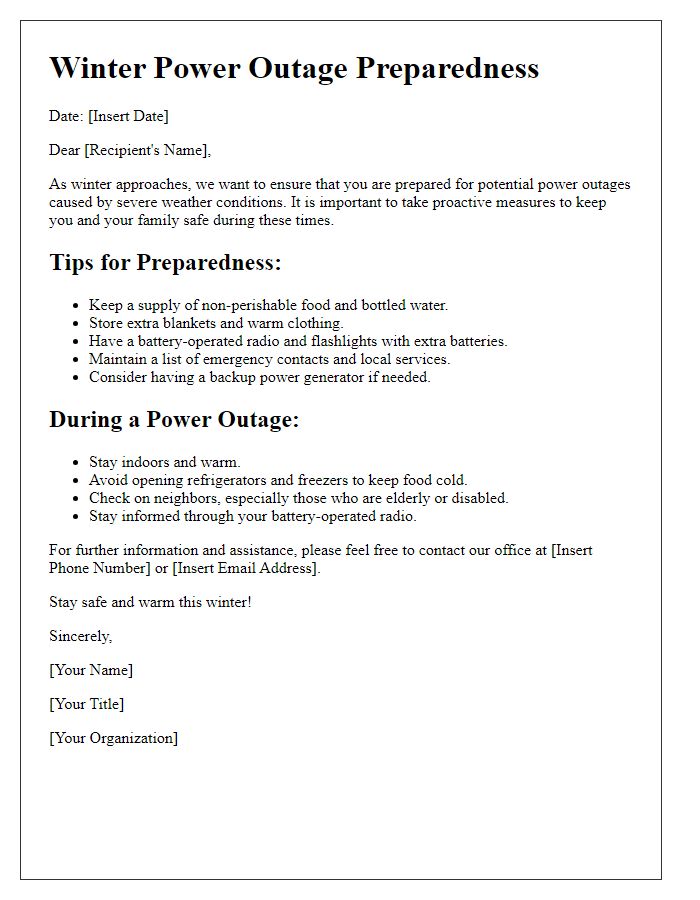 Letter template of winter power outage preparedness.