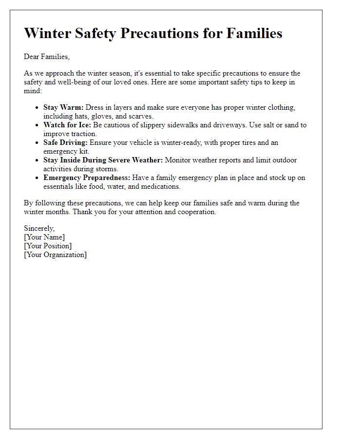 Letter template of winter safety precautions for families.