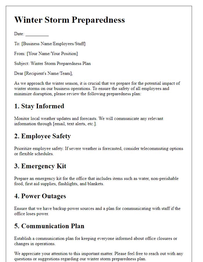 Letter template of winter storm preparedness for businesses.