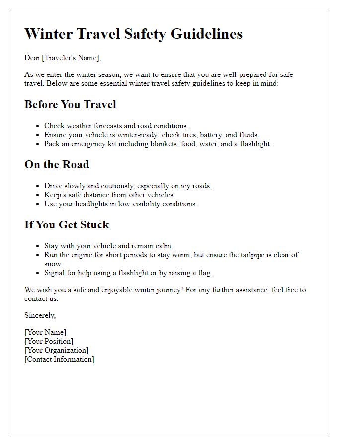 Letter template of winter travel safety guidelines.