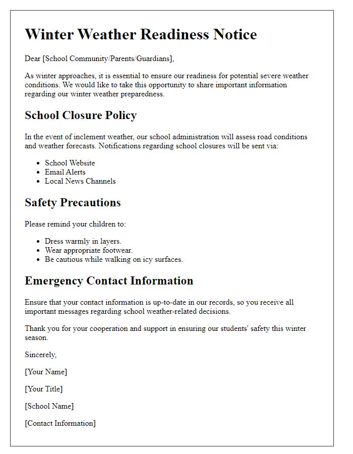 Letter template of winter weather readiness for schools.