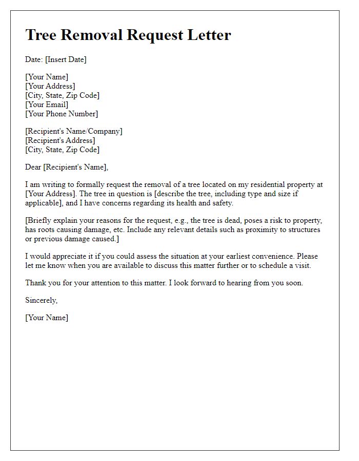 Letter template of tree removal request for residential property.