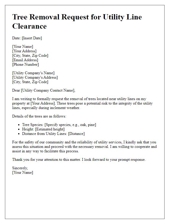 Letter template of tree removal request for utility line clearance.