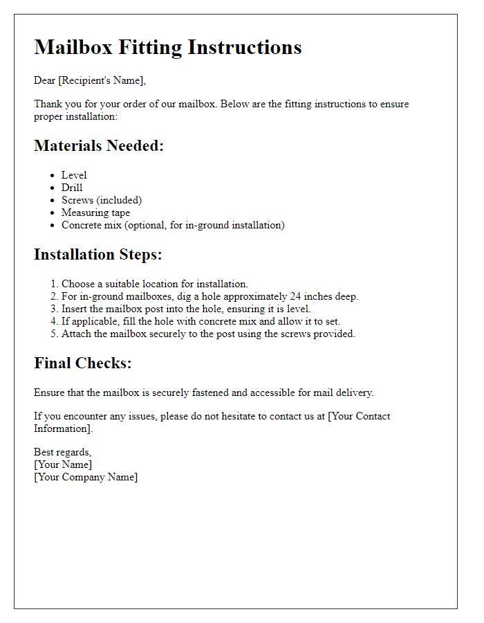 Letter template of mailbox fitting instructions.