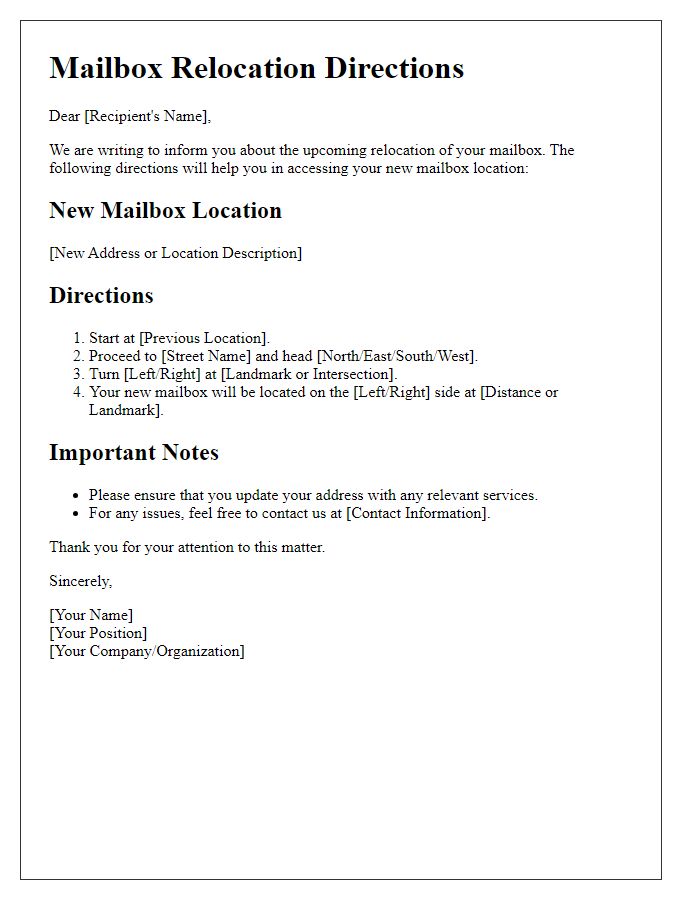 Letter template of mailbox relocation directions.