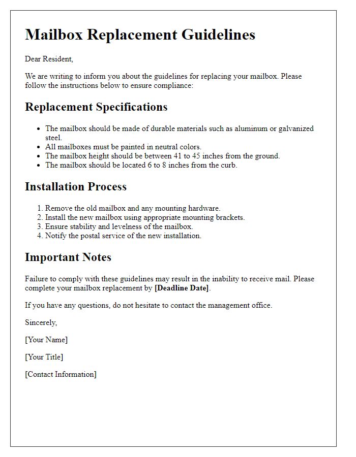 Letter template of mailbox replacement guidelines.