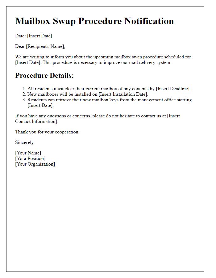 Letter template of mailbox swap procedure.