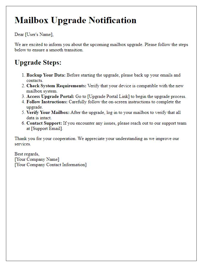 Letter template of mailbox upgrade steps.