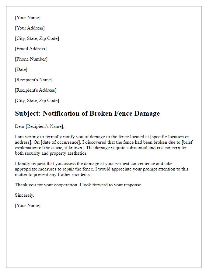 Letter template of formal notification for broken fence damage