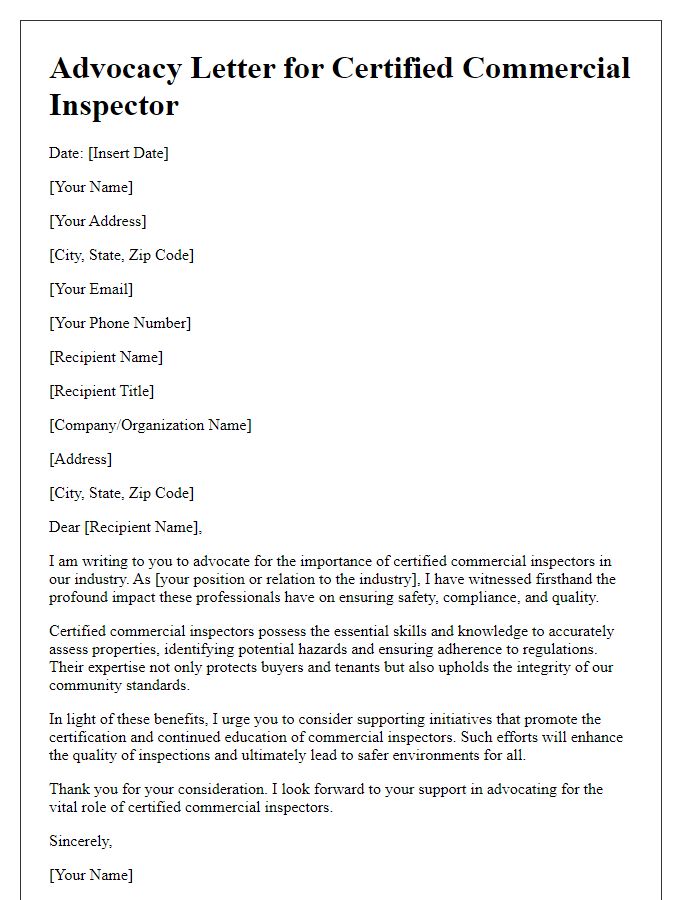 Letter template of advocacy for a certified commercial inspector