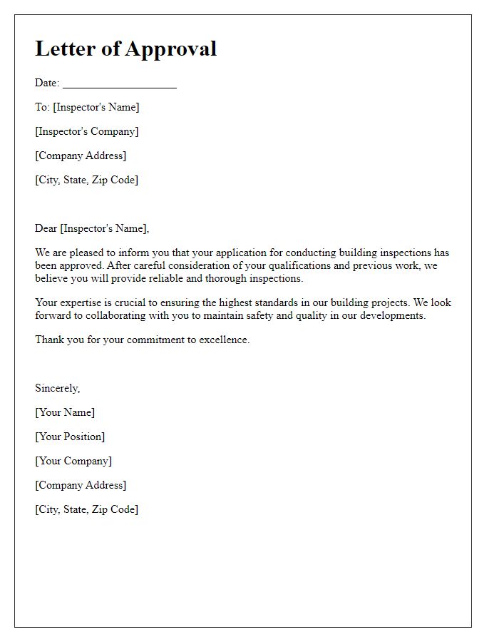 Letter template of approval for a reliable building inspection professional