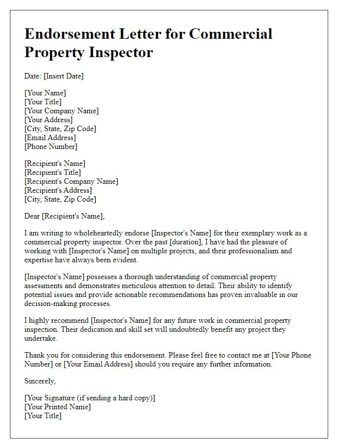 Letter template of endorsement for a commercial property inspector