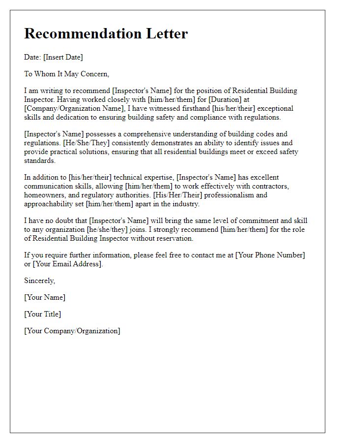 Letter template of recommendation for a residential building inspector