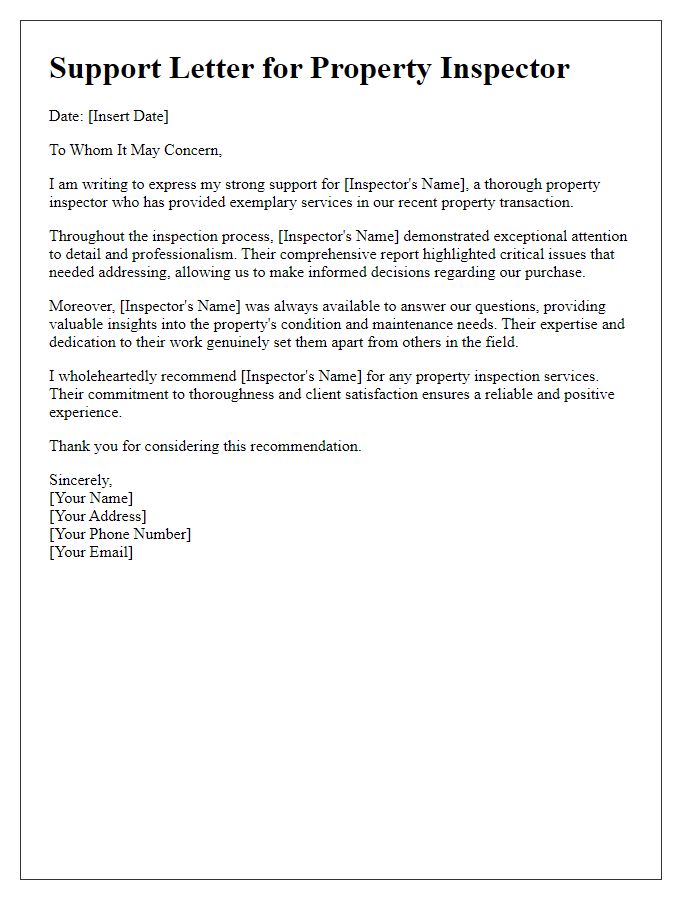 Letter template of support for a thorough property inspector