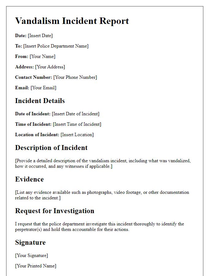 Letter template of vandalism incident report for police investigation