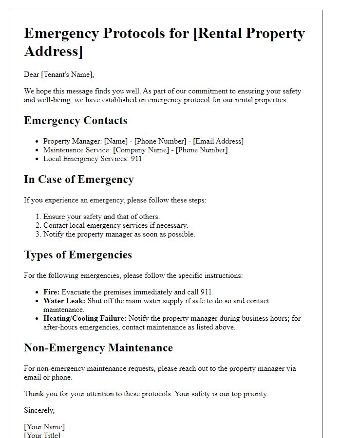 Letter template of rental property emergency protocols