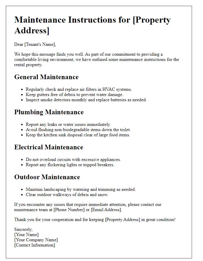 Letter template of rental property maintenance instructions