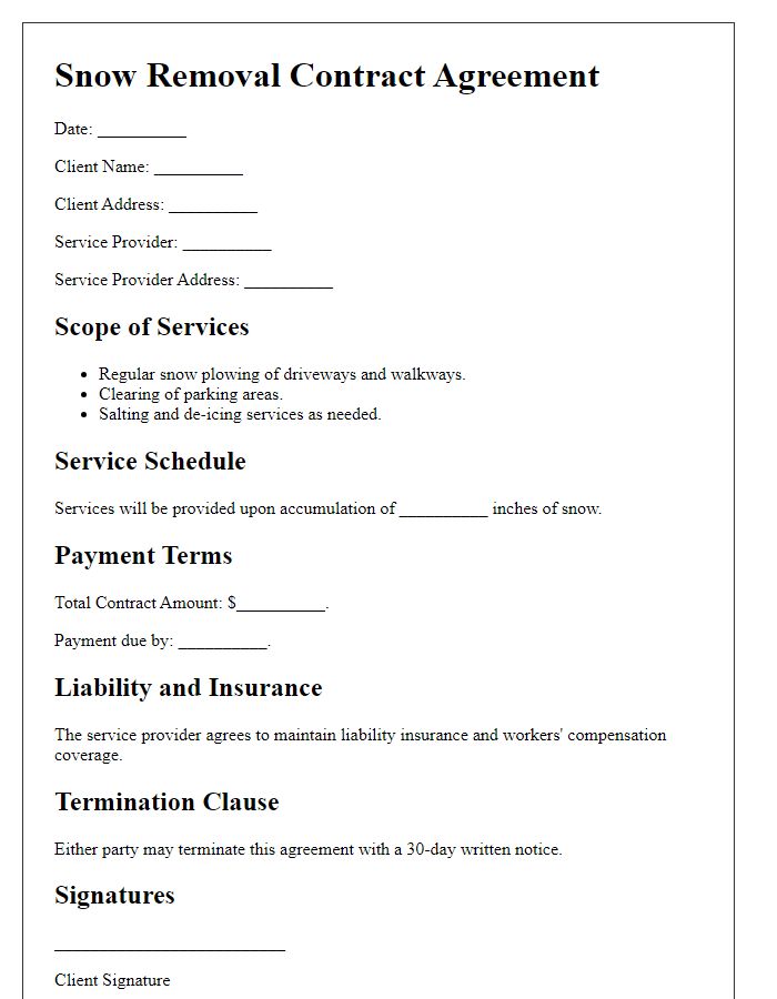 Letter template of snow removal contract details for service providers.