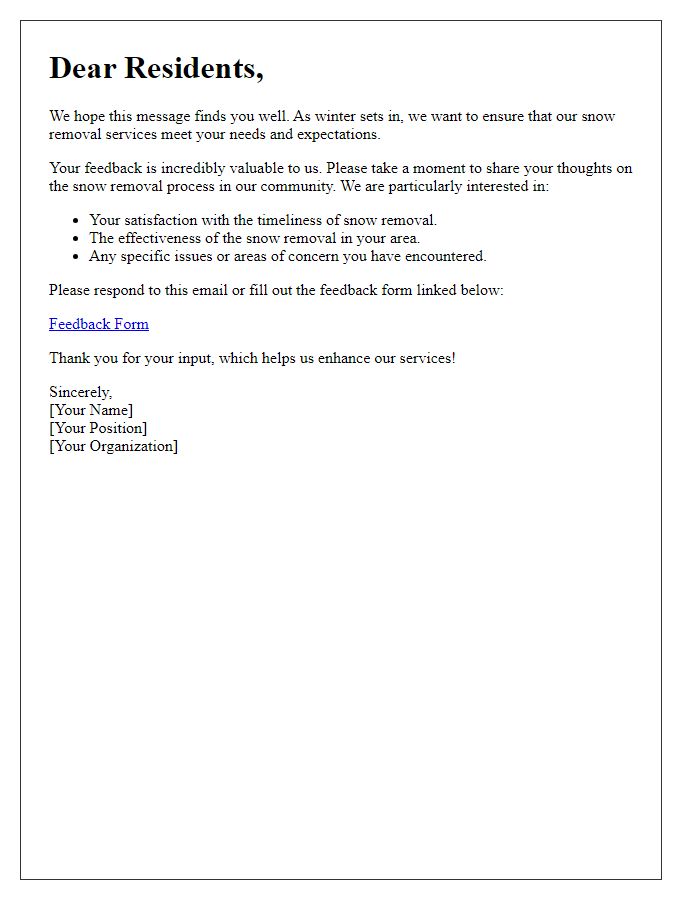 Letter template of snow removal feedback request for resident input.