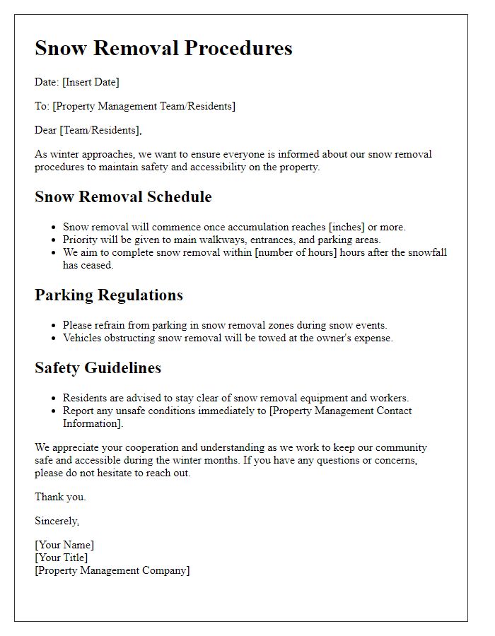 Letter template of snow removal procedures for property management.