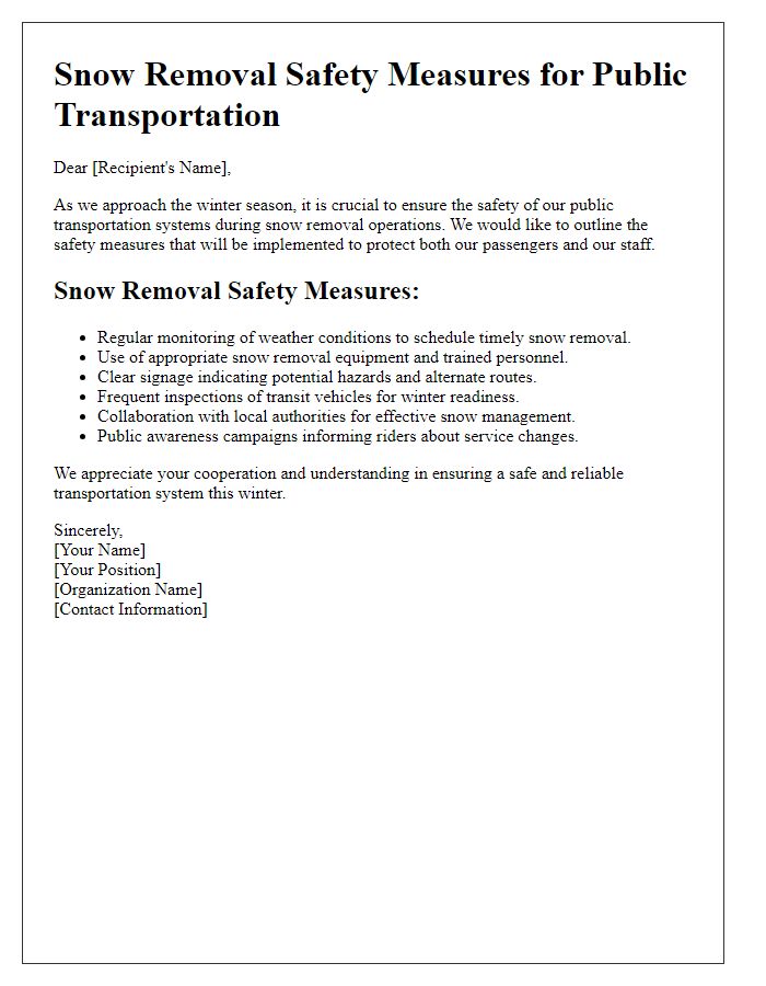 Letter template of snow removal safety measures for public transportation.