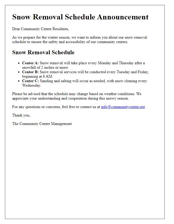 Letter template of snow removal schedule announcement for community centers.