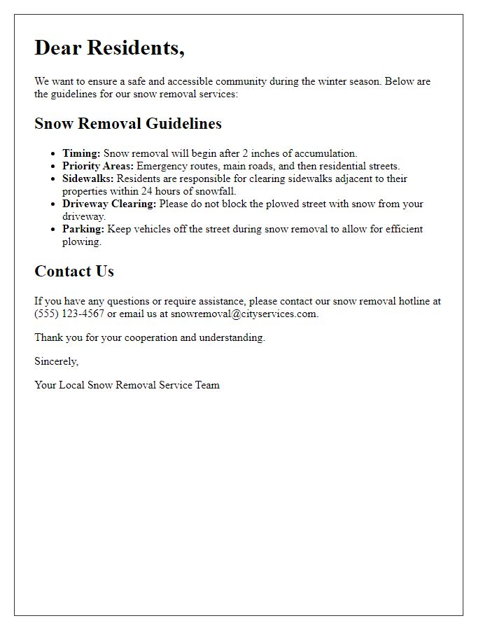 Letter template of snow removal service guidelines for residents.