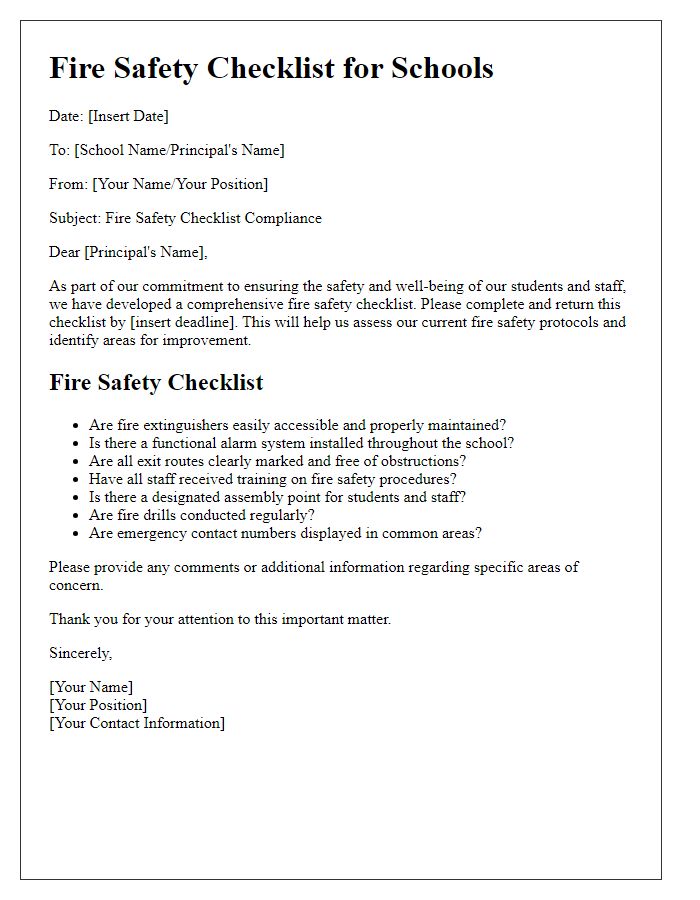 Letter template of fire safety checklist for schools