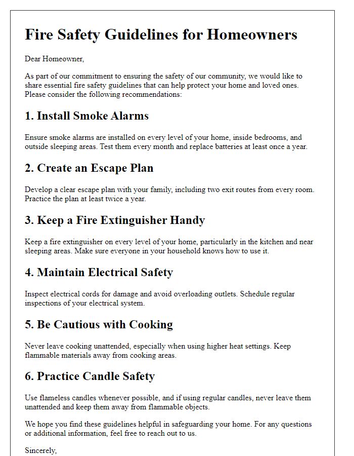 Letter template of fire safety guidelines for homeowners