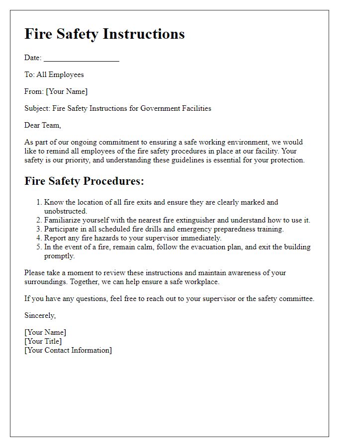 Letter template of fire safety instructions for government facilities