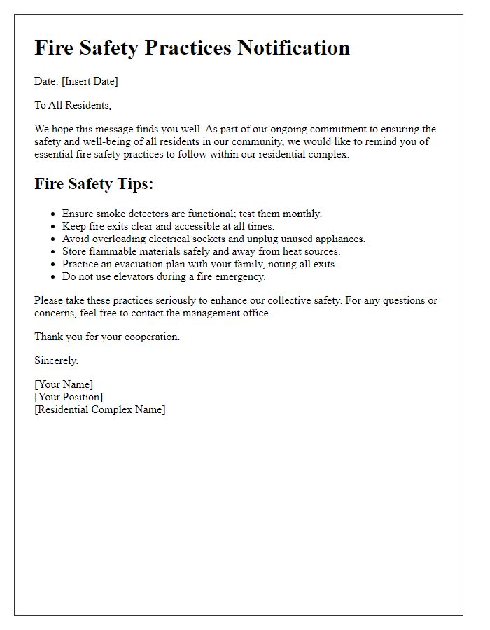 Letter template of fire safety practices for residential complexes