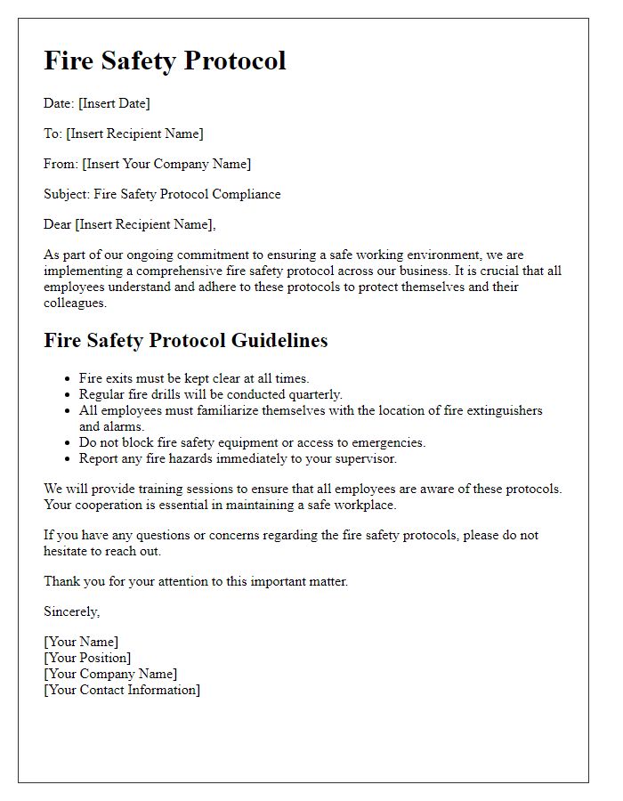 Letter template of fire safety protocol for businesses