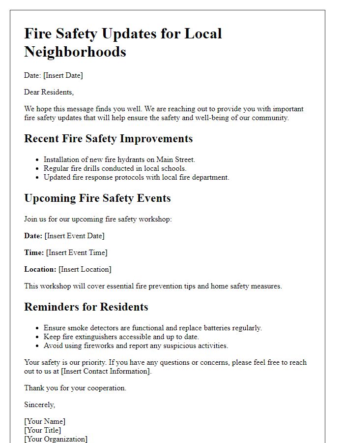 Letter template of fire safety updates for local neighborhoods