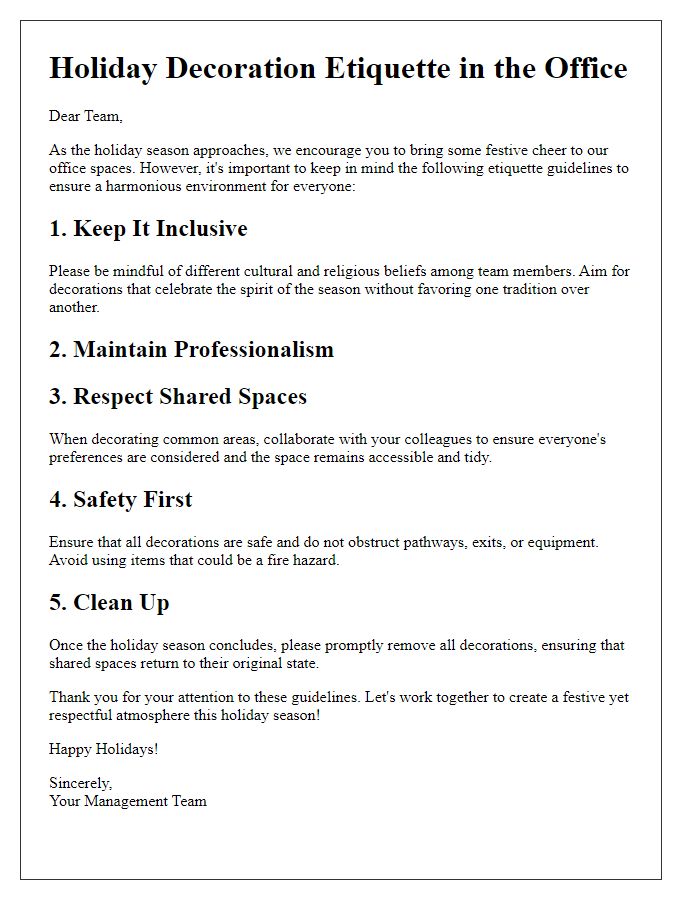 Letter template of holiday decoration etiquette for office spaces.