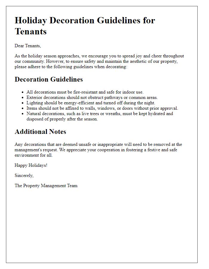 Letter template of holiday decoration guidelines for tenants.