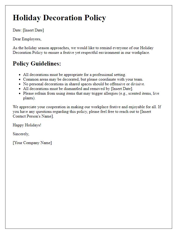 Letter template of holiday decoration policy for employees.