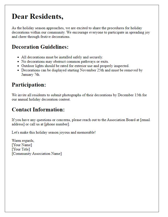 Letter template of holiday decoration procedures for residential associations.