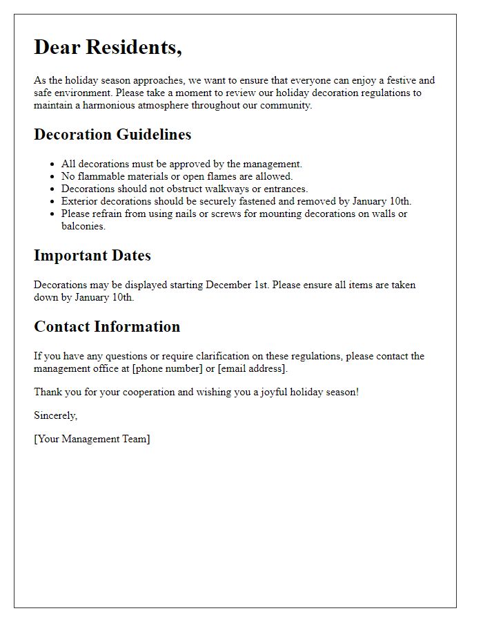 Letter template of holiday decoration regulations for apartment complexes.