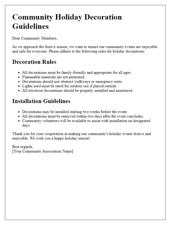 Letter template of holiday decoration rules for community events.